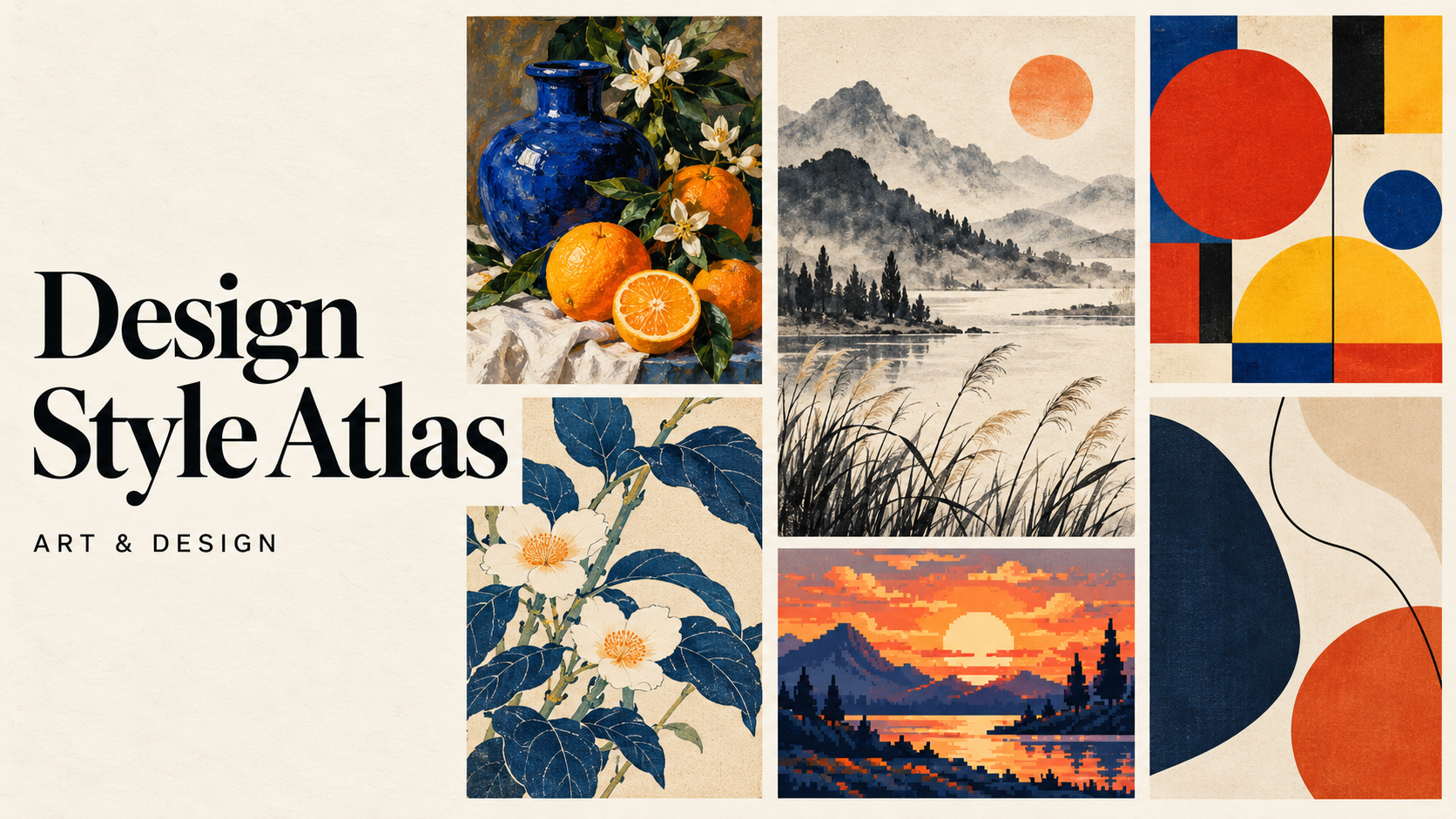 Design Style Atlasのサムネイル。静物画、水墨画、幾何学模様などの作例を並べたコラージュ